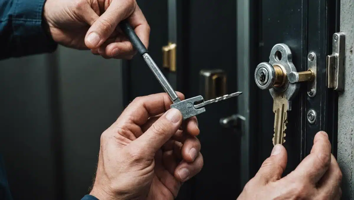 Locksmith rekeying a commercial door lock using professional tools in Columbus, Ohio