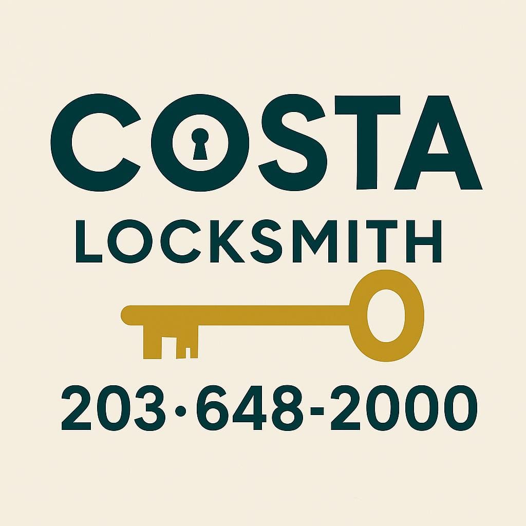 Costa Locksmith logo with key icon and phone number 203-648-2000 serving Columbus, Ohio