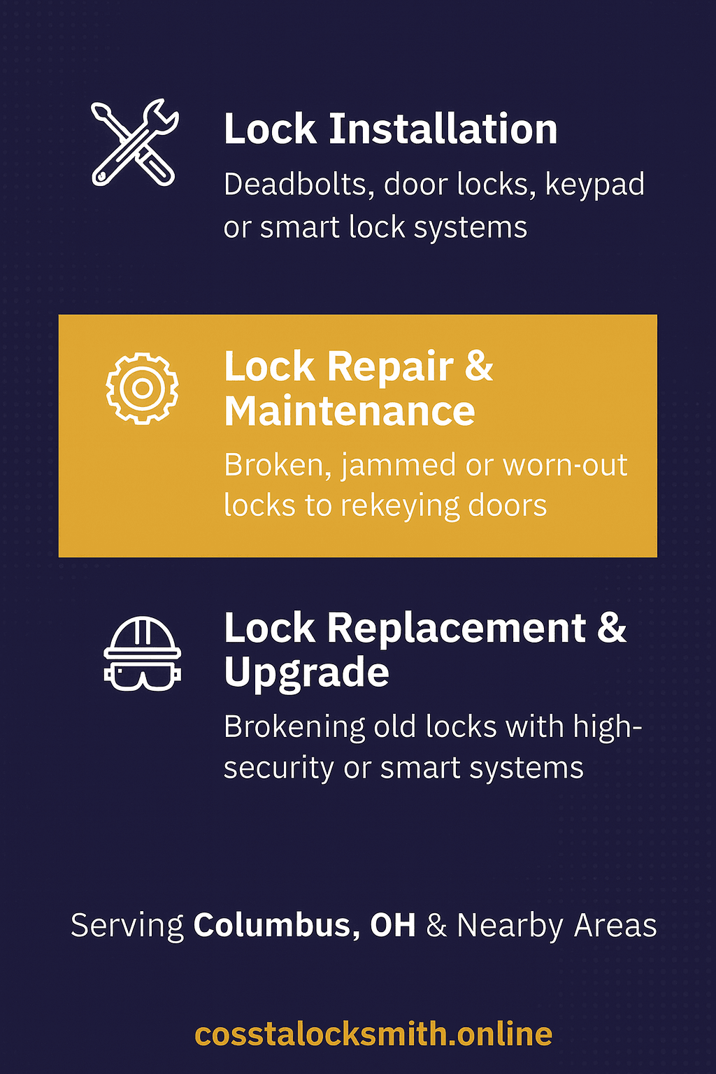 Costa Locksmith residential services showing lock installation, lock repair and lock replacement options in Columbus, Ohio