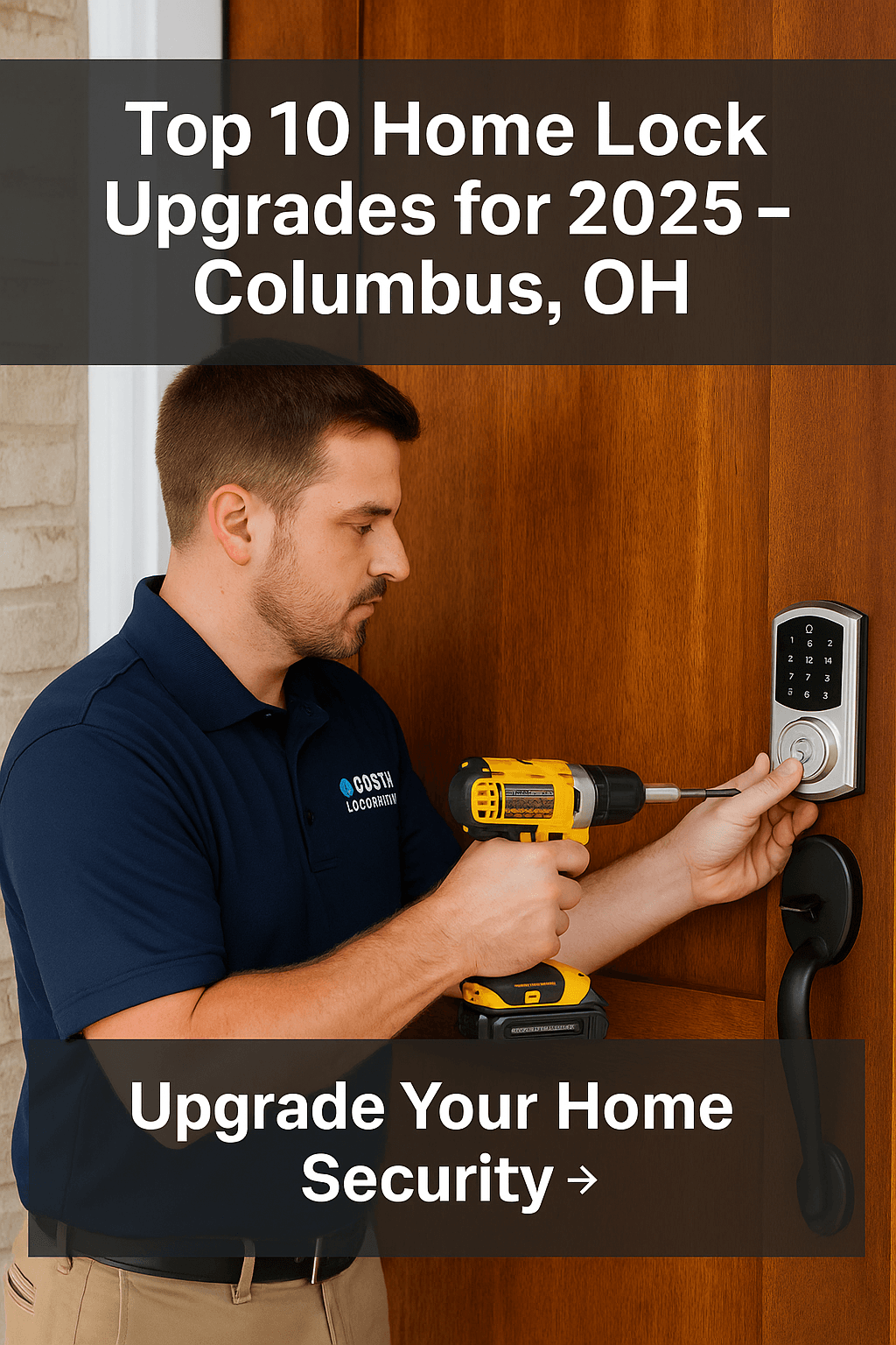 Locksmith upgrading a smart door lock on a home entrance in Columbus, Ohio for improved home security