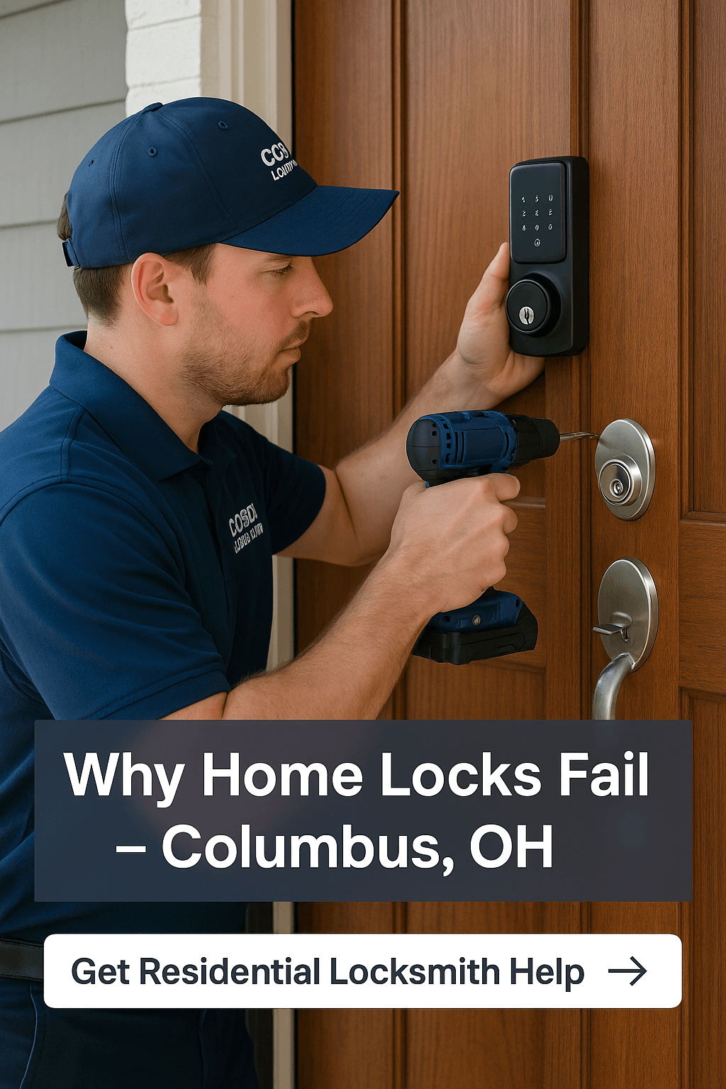 Residential locksmith installing and repairing a smart door lock on a home in Columbus, Ohio