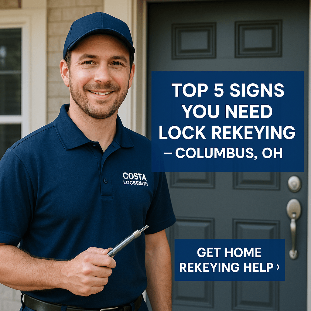 Residential locksmith showing signs you need lock rekeying at a home entrance in Columbus, Ohio