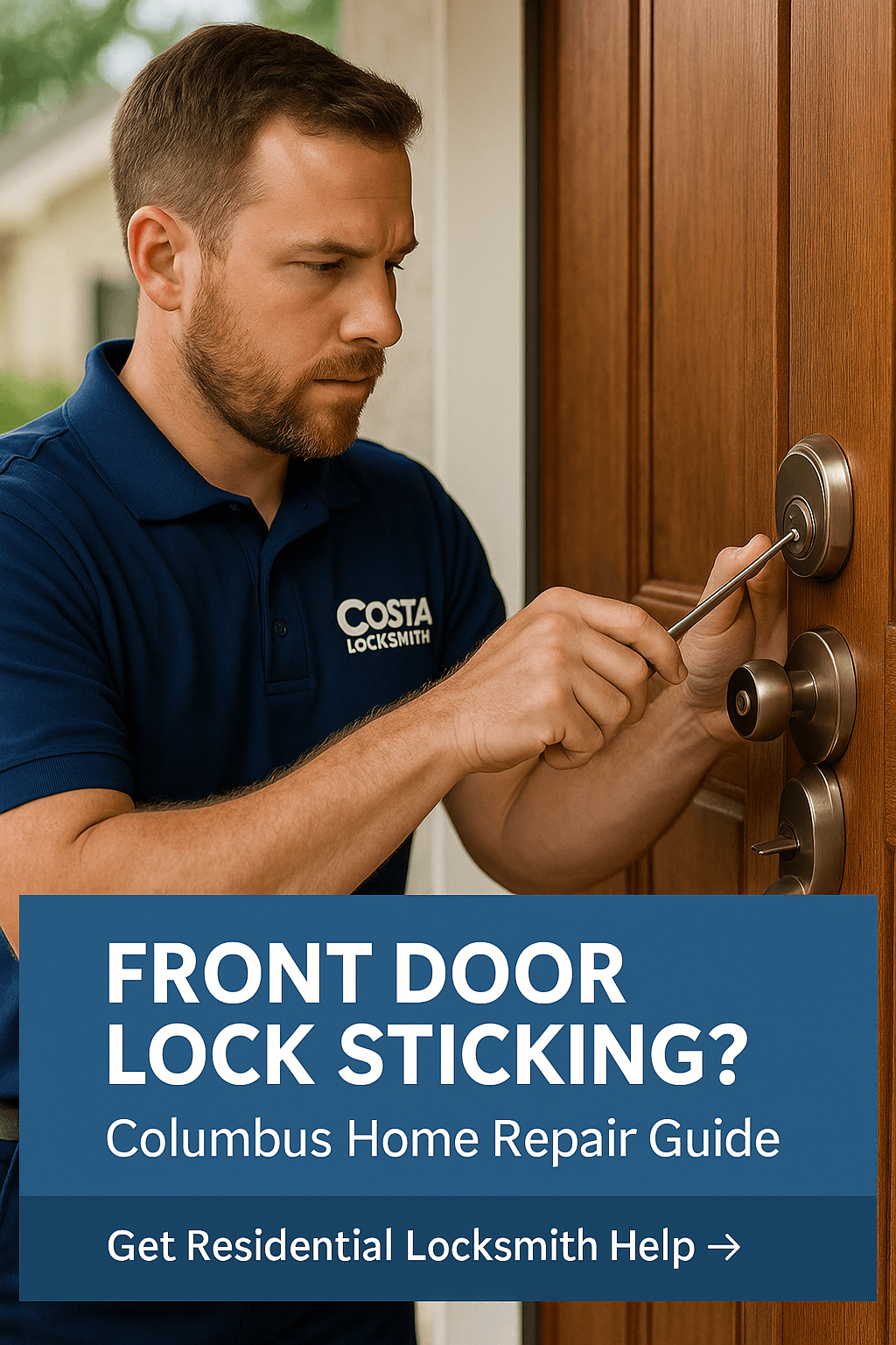 Residential locksmith fixing a sticking front door lock at a home in Columbus, Ohio