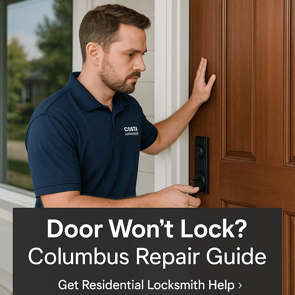 Residential locksmith inspecting and fixing a front door that won’t lock at a home in Columbus, Ohio