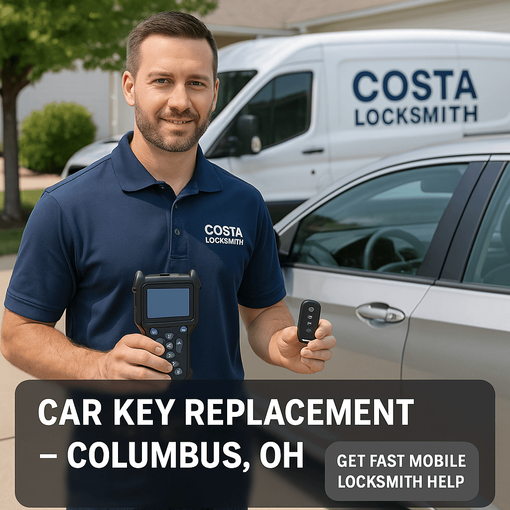 Automotive locksmith holding a replacement car key and programming device beside a vehicle in Columbus, Ohio