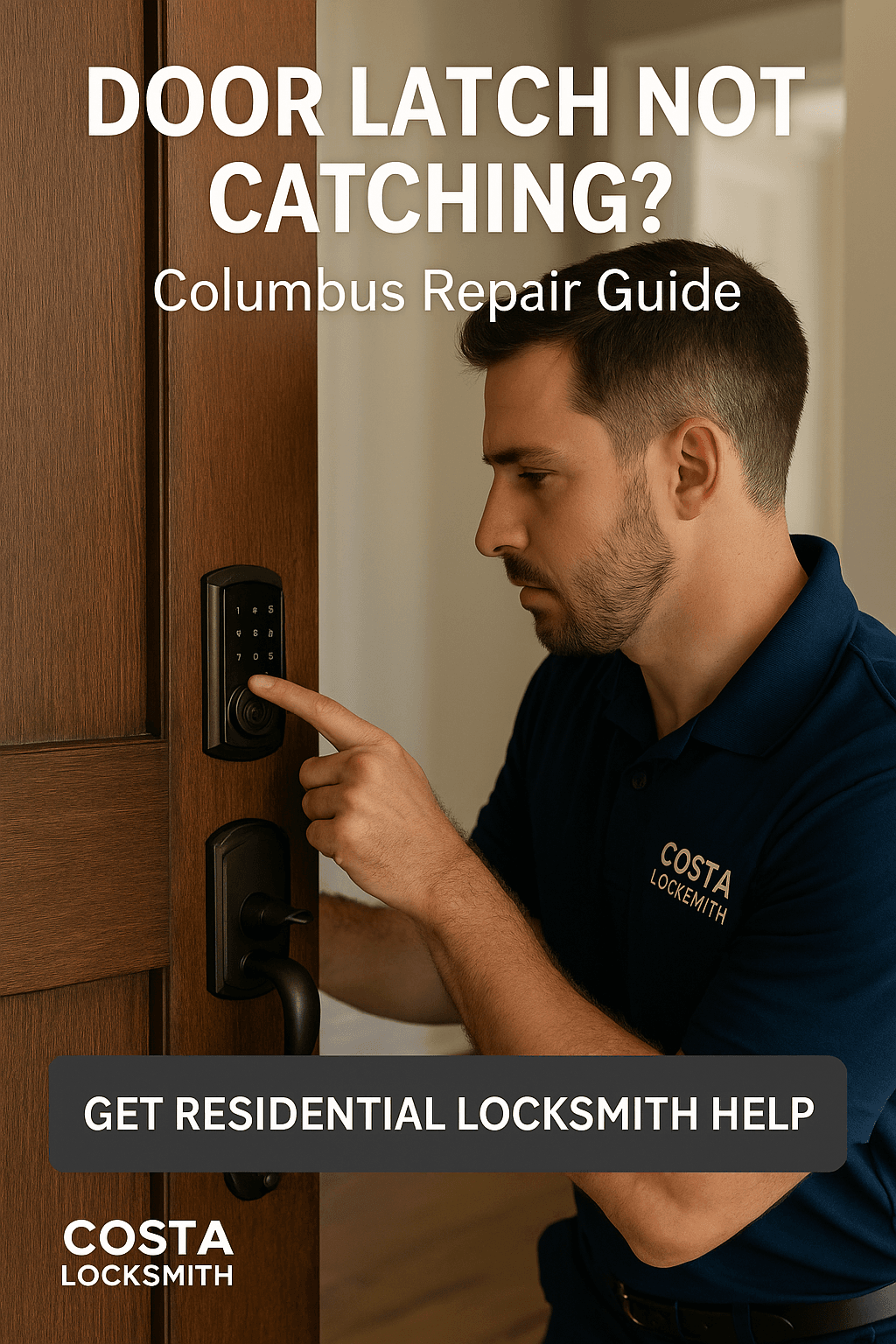 Locksmith inspecting a door latch not catching properly on a residential smart lock door in Columbus, Ohio