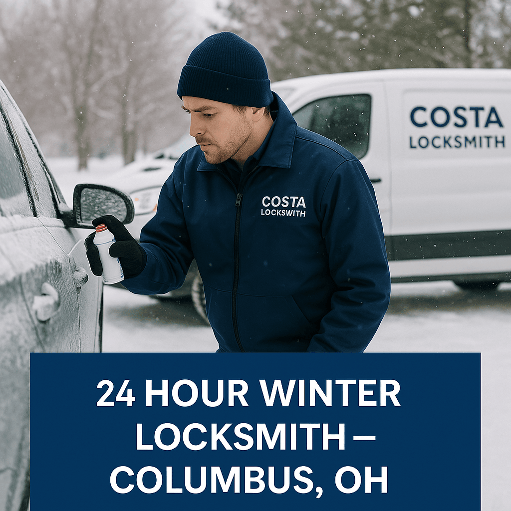 Costa Locksmith technician providing emergency winter locksmith service for a frozen car lock in Columbus, Ohio