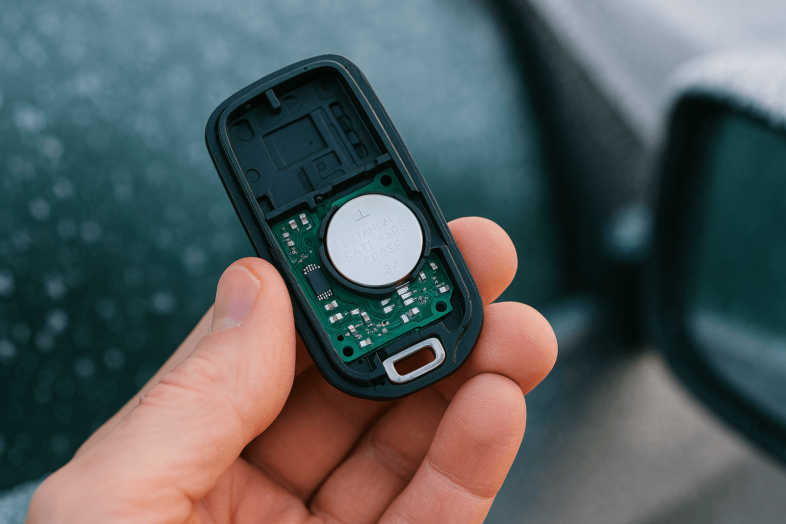 Car key fob with internal battery exposed showing common cause of key fob failure in cold weather in Columbus, Ohio