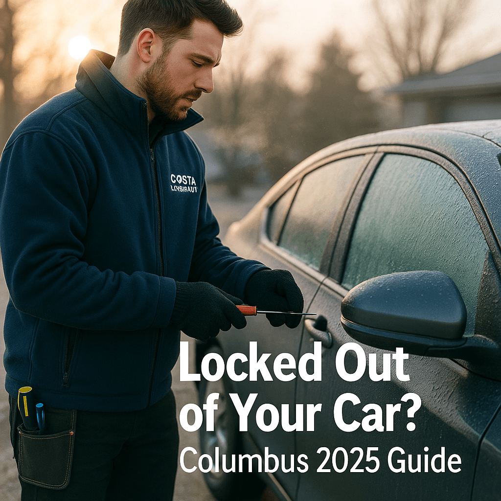Professional locksmith unlocking a frozen car door during a winter car lockout in Columbus, Ohio