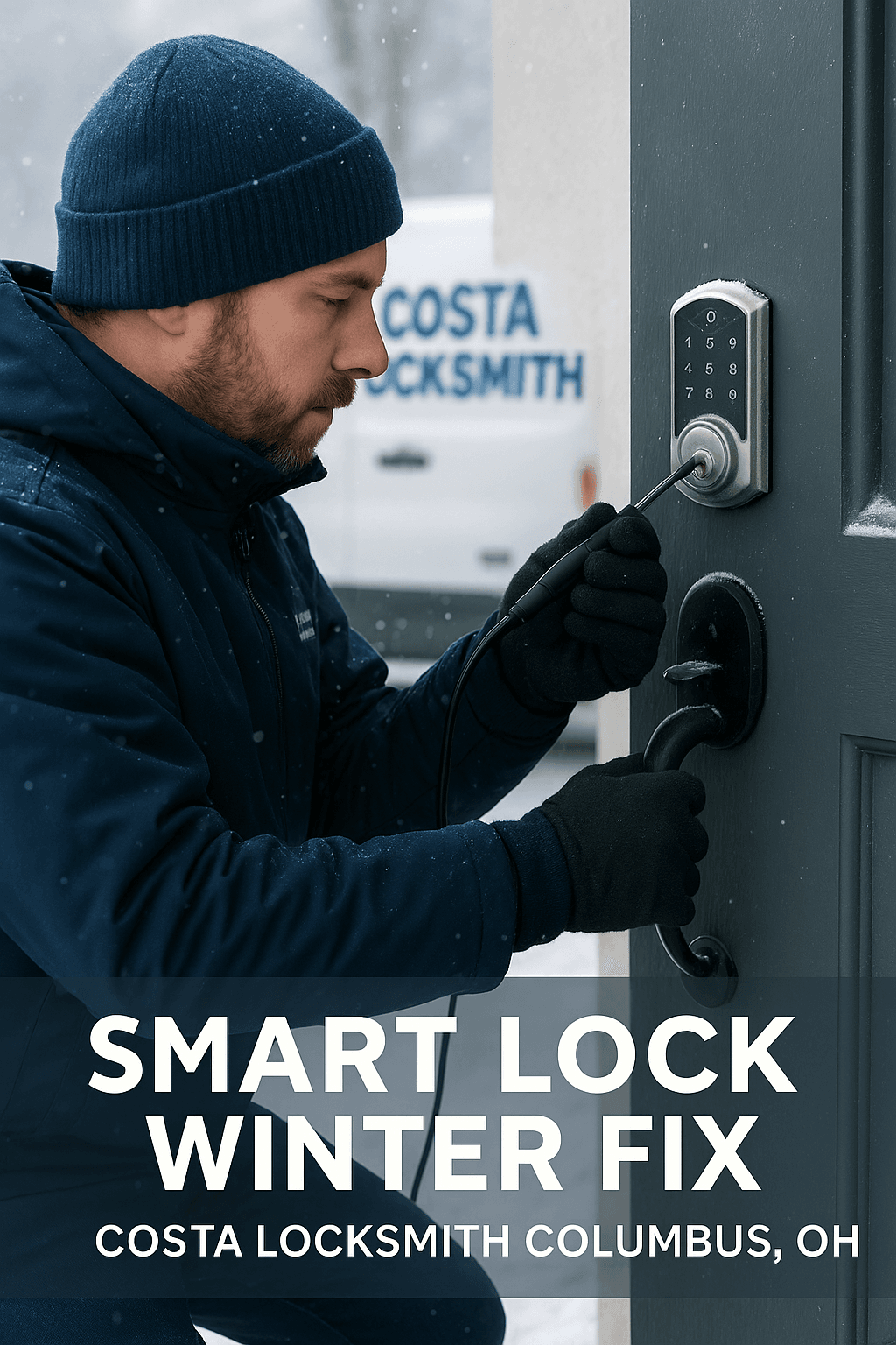 Locksmith repairing a smart keypad door lock during winter weather in Columbus, Ohio