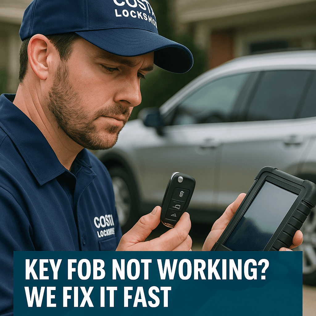 Costa Locksmith technician diagnosing a car key fob issue using professional programming equipment in Columbus, Ohio