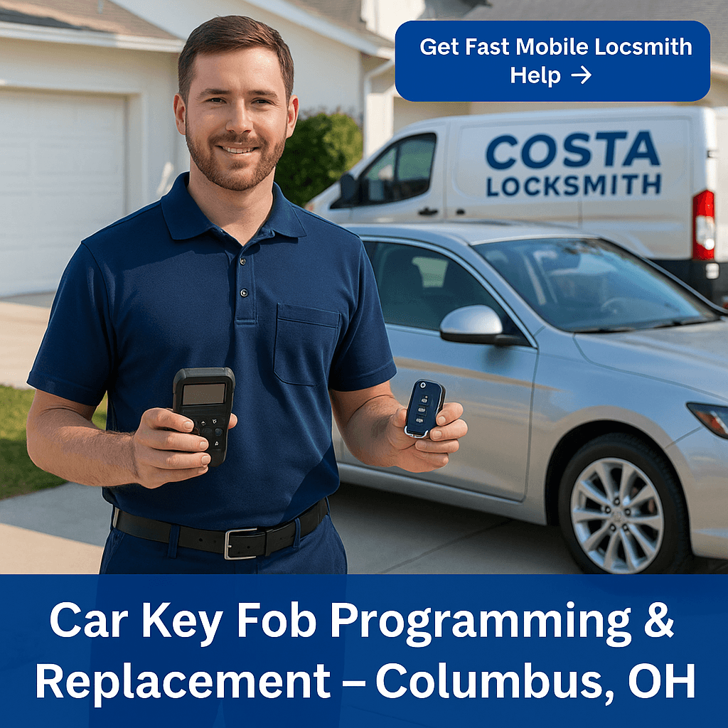Costa Locksmith technician holding car key fob and programming device in front of a vehicle in Columbus, Ohio
