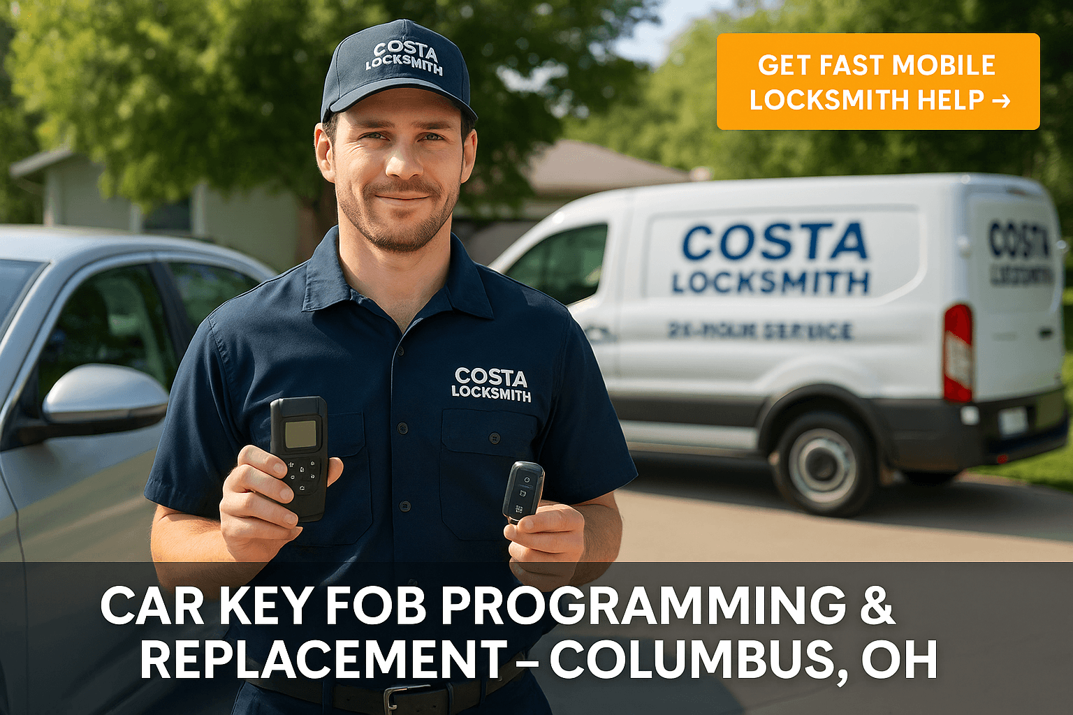 Costa Locksmith technician holding car key fob and programming device in Columbus, Ohio with mobile locksmith van in background