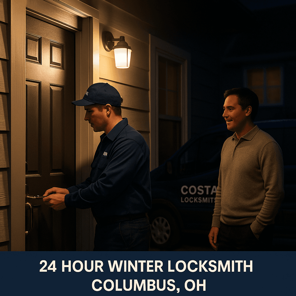 Costa Locksmith technician providing 24 hour winter emergency door unlocking service at night in Columbus, Ohio