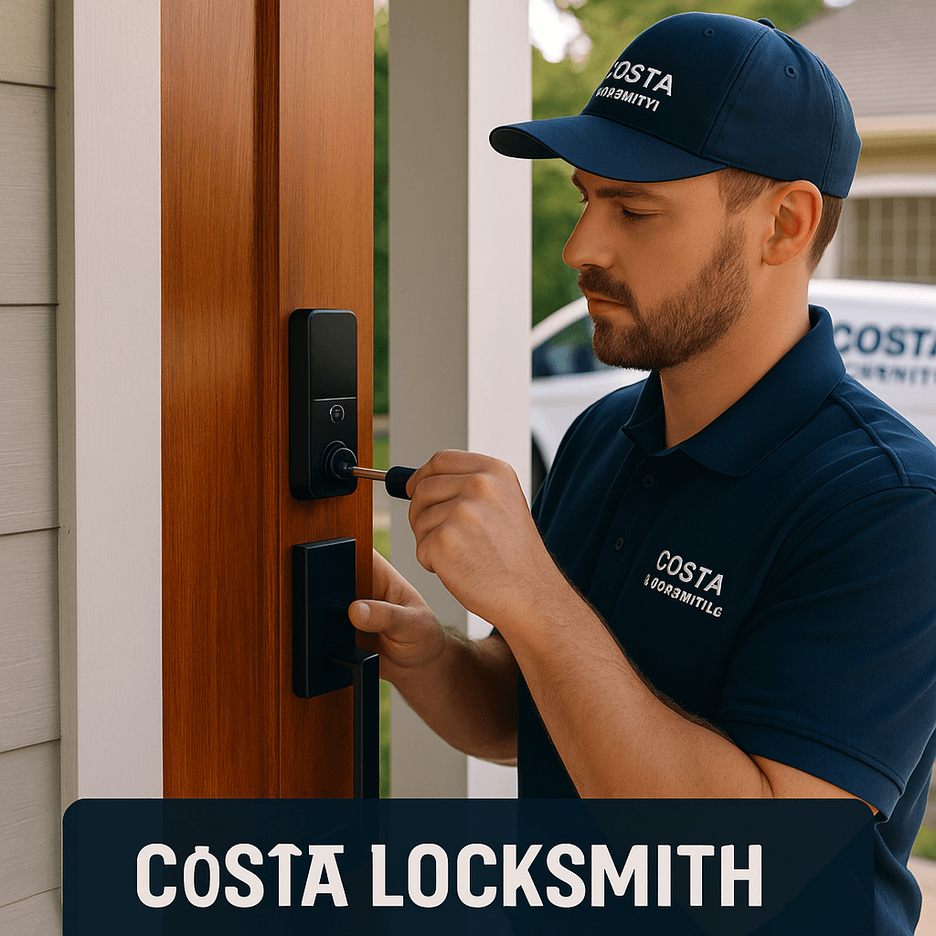 Costa Locksmith technician installing a smart door lock on a residential front door in Columbus, Ohio