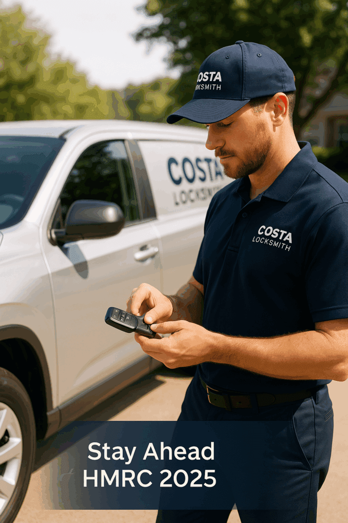 Costa Locksmith technician programming a car key fob beside a service vehicle in Columbus, Ohio