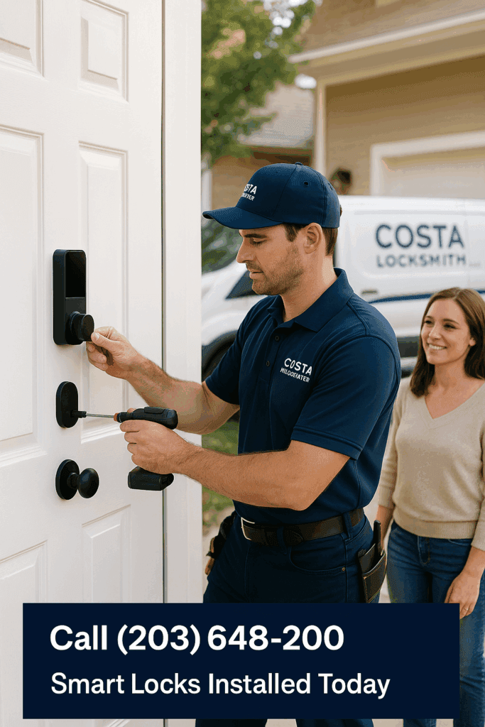 Costa Locksmith technician installing a smart door lock at a residential home in Columbus, Ohio