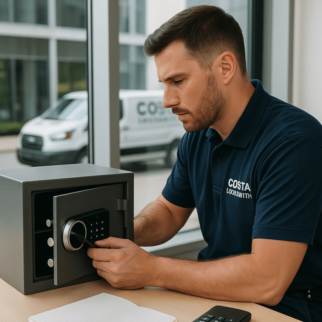 Costa Locksmith technician opening and repairing a digital safe inside a Columbus, Ohio property