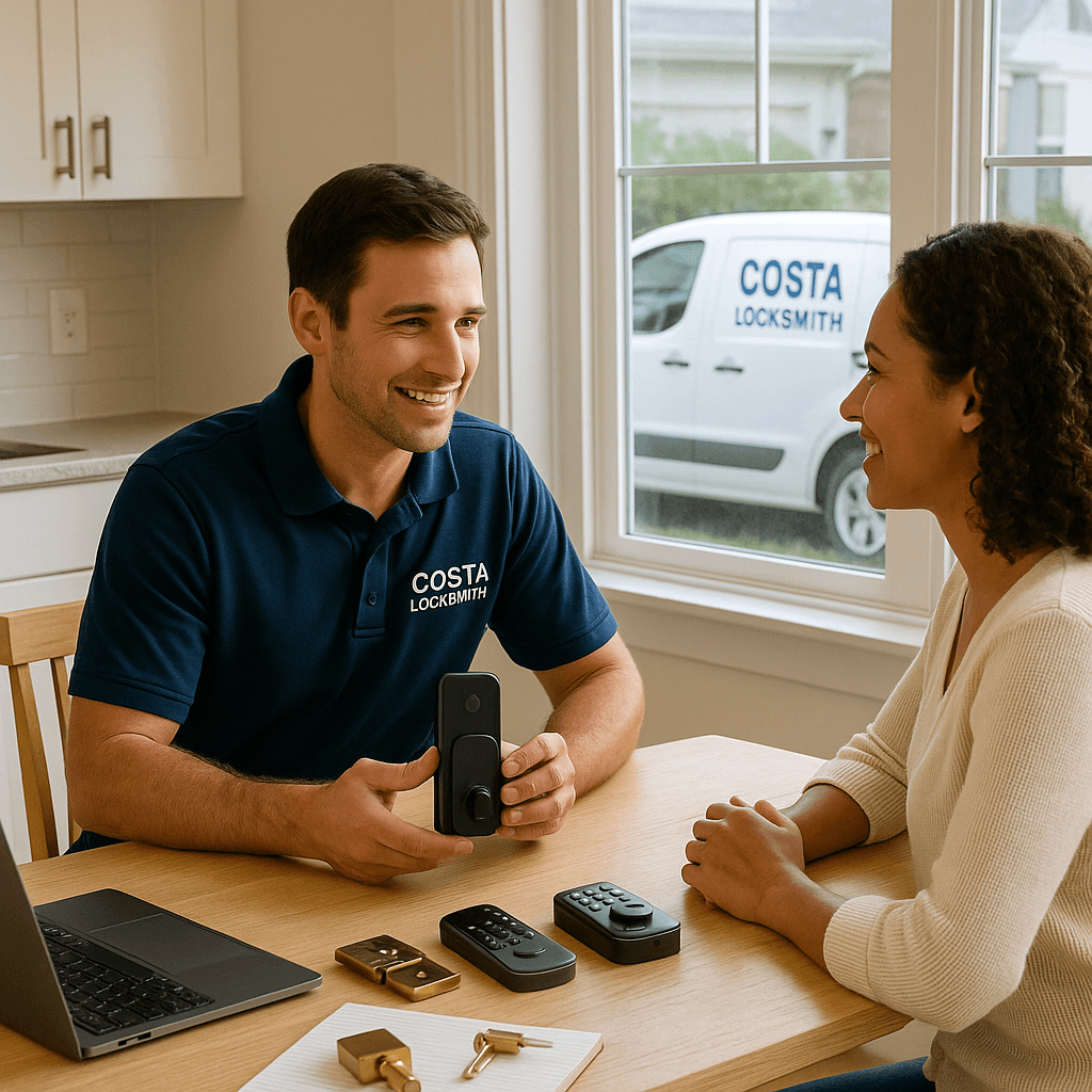 Costa Locksmith technician explaining smart lock options to homeowner inside a Columbus, Ohio home