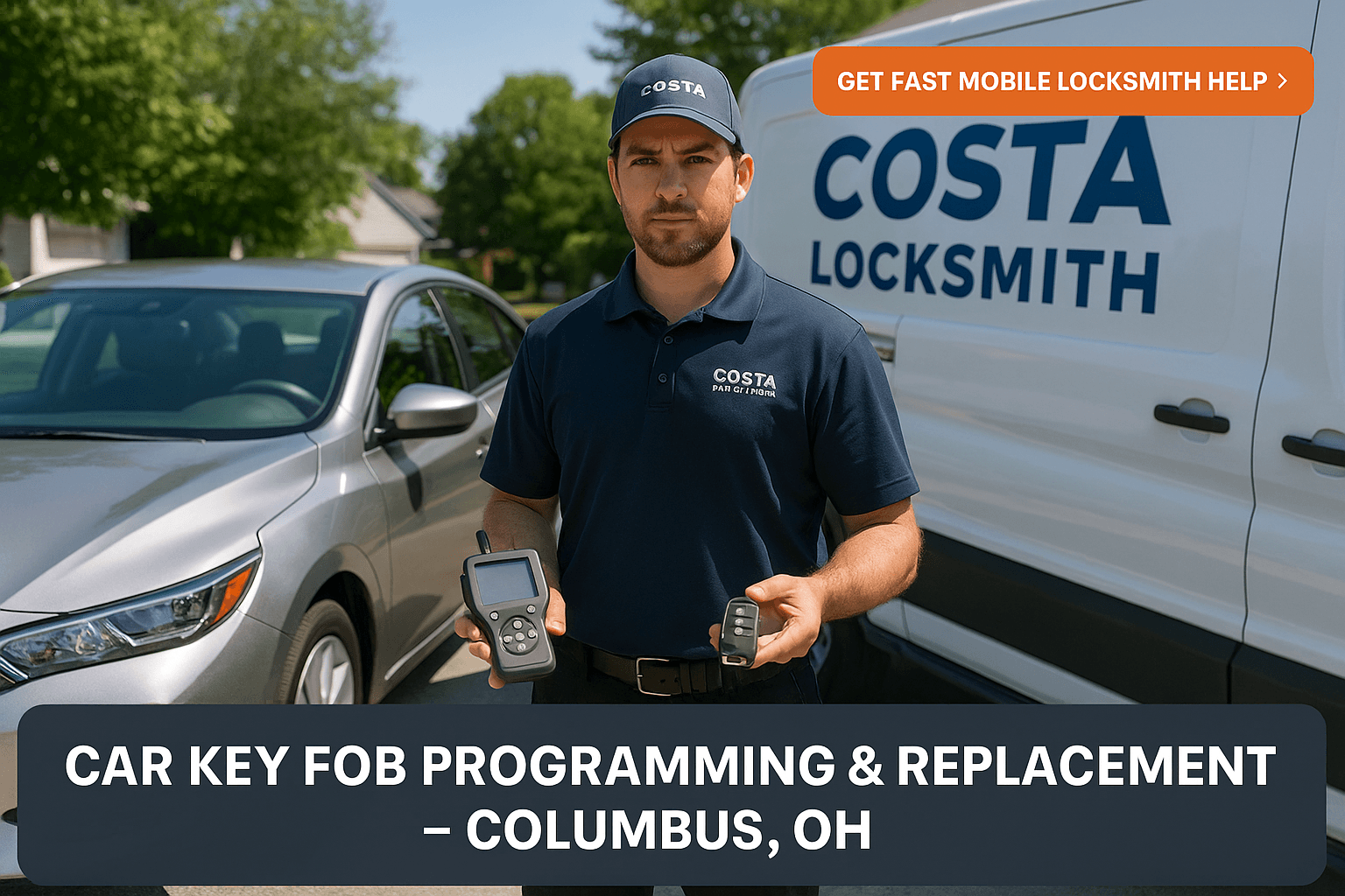 Mobile locksmith holding car key fob and programming device next to vehicle in Columbus, Ohio