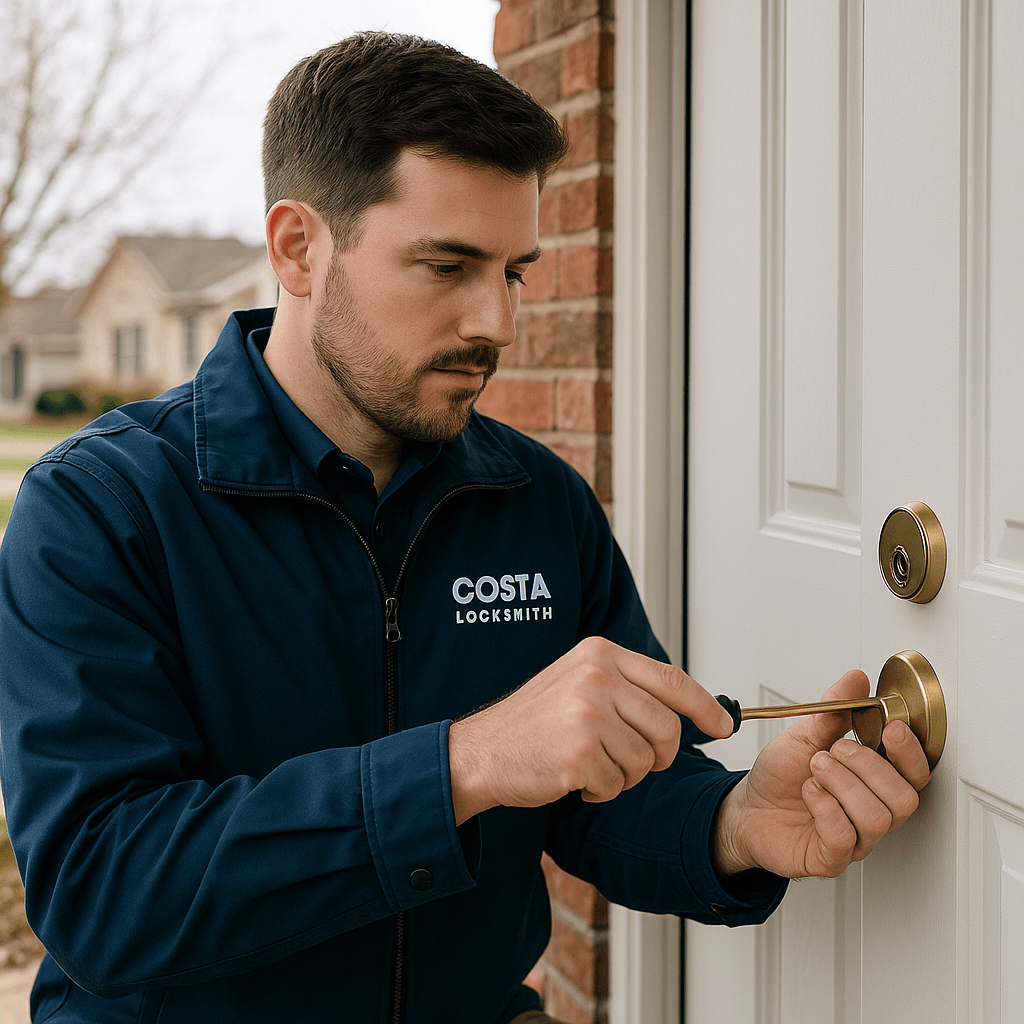 Residential locksmith repairing door lock at a home in Columbus Ohio