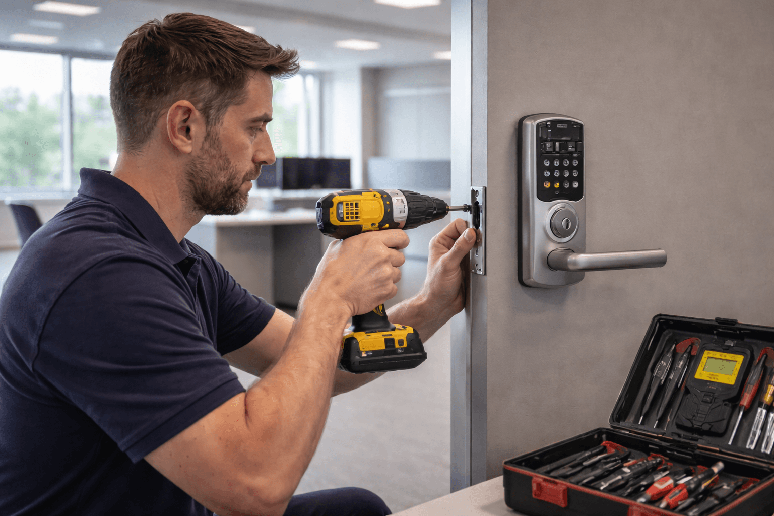Commercial locksmith securing an office door in Columbus Ohio