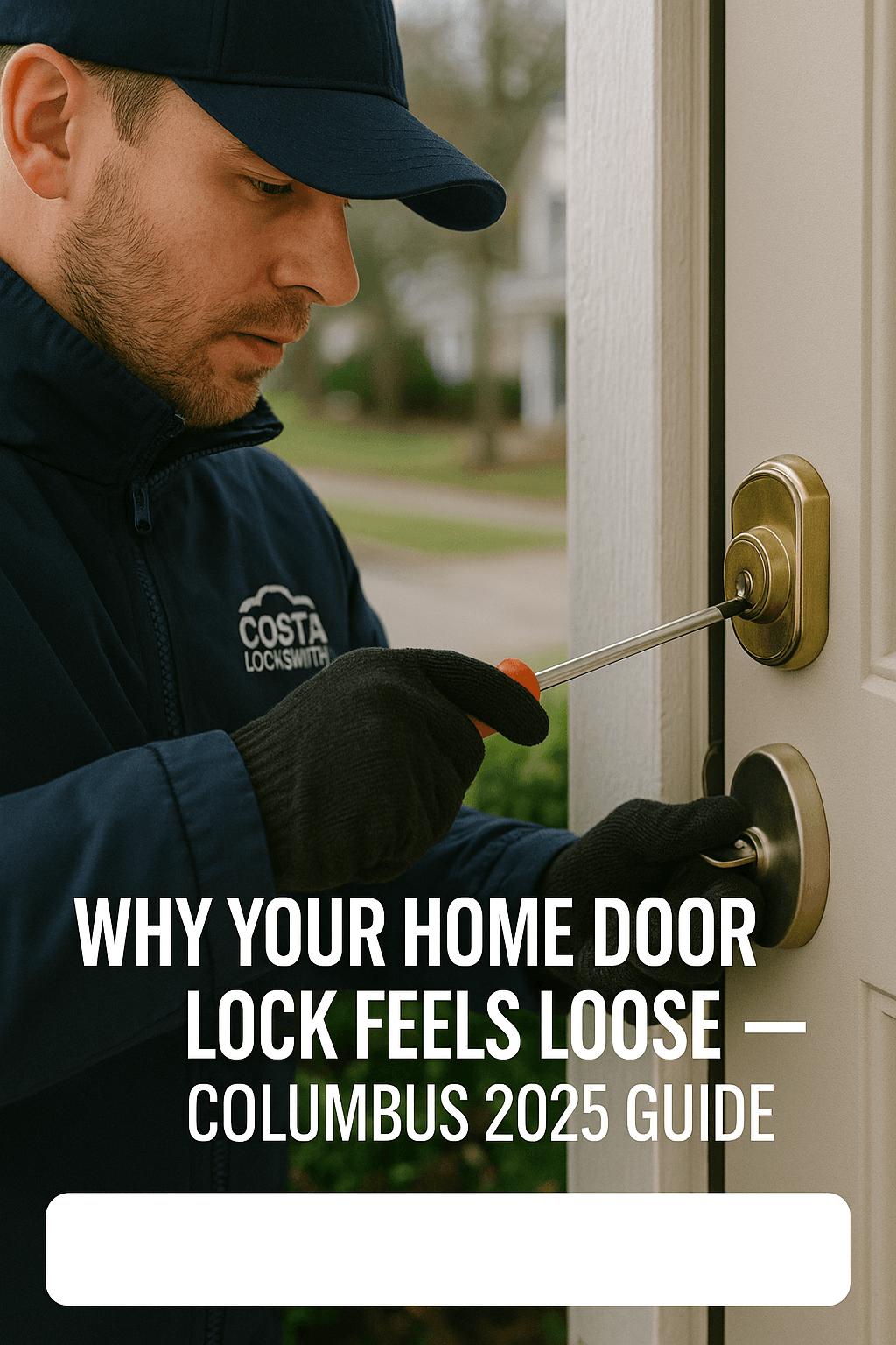 Residential locksmith tightening a loose home door lock in Columbus Ohio